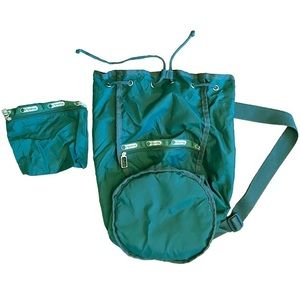 Vintage drawstring backpack by LeSportsac with matching zipper accessory pouch.